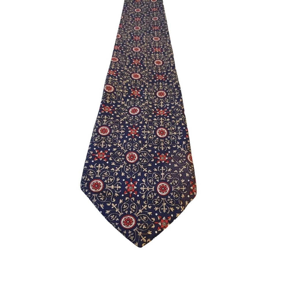 VTG Blue Red Gold Tan fleur‎ de lis MALLORY & CHURCH London Silk Neck Tie Mens